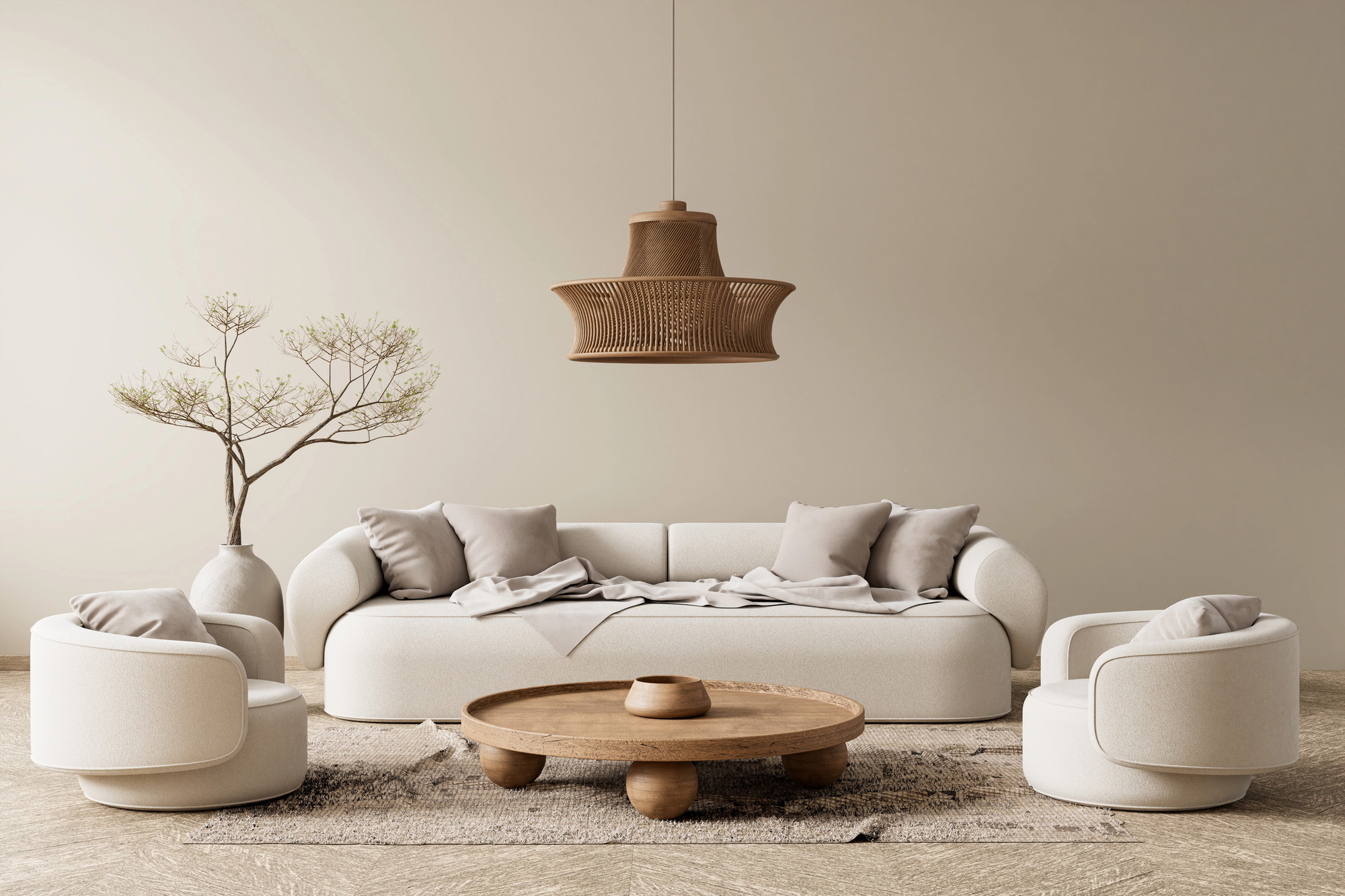 Bboho style decorated livinig room. Modern, authentic Interior design of living room with wooden furnitures. 3D illustration